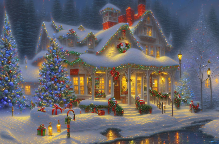 Snow-covered winter scene with holiday decorations and presents under dusky sky