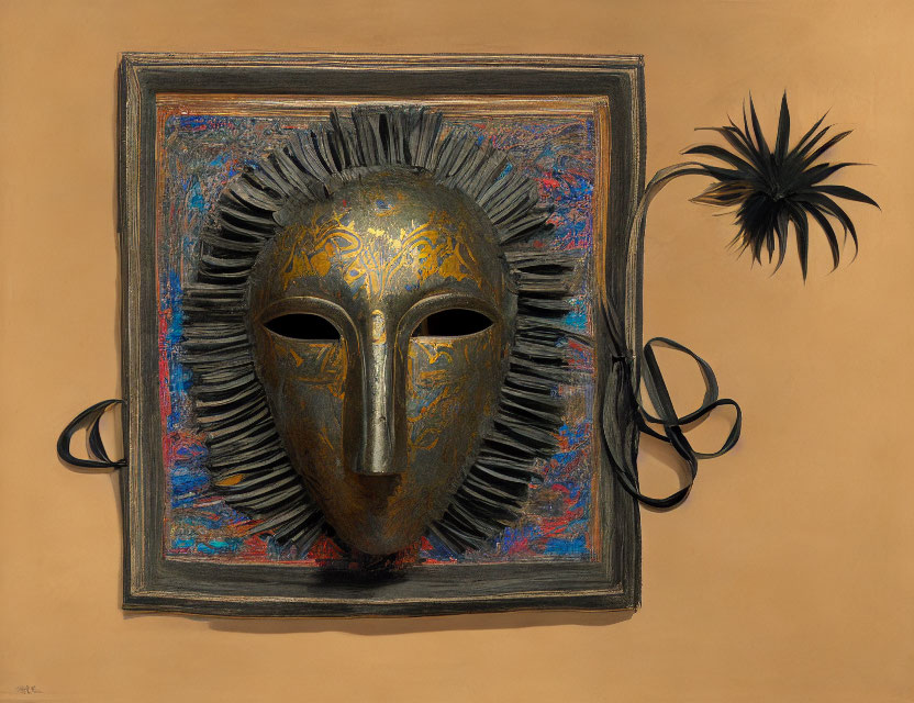 Intricate tribal mask with gold finish on beige wall beside black plant silhouette