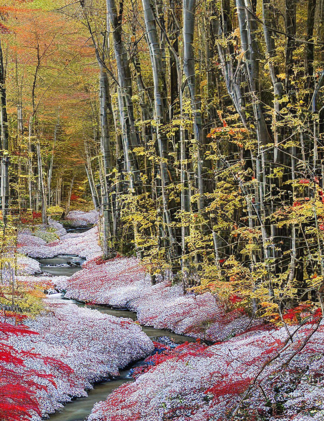 Colorful Autumn Forest by Winding Stream and Fallen Leaves