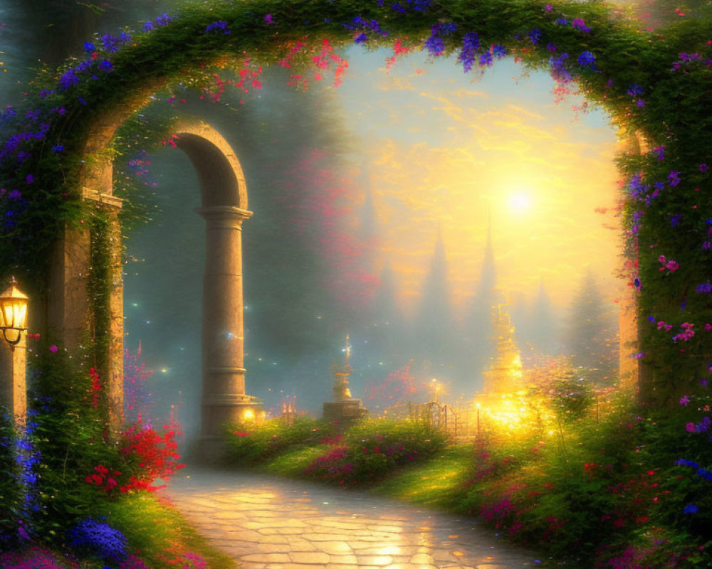 Sunlit cobblestone pathway to mystical garden with lanterns and spire-like plants