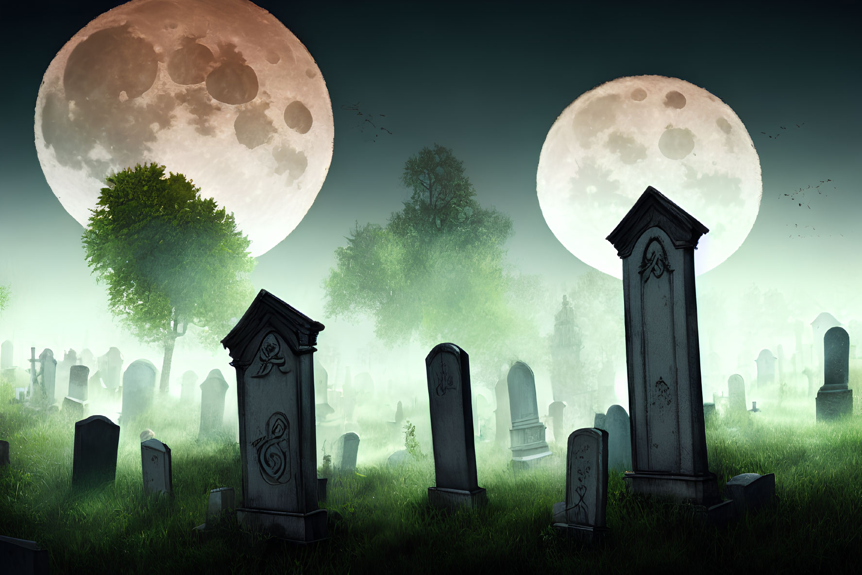 Eerie graveyard scene with two moons, mist, green lighting, Celtic crosses
