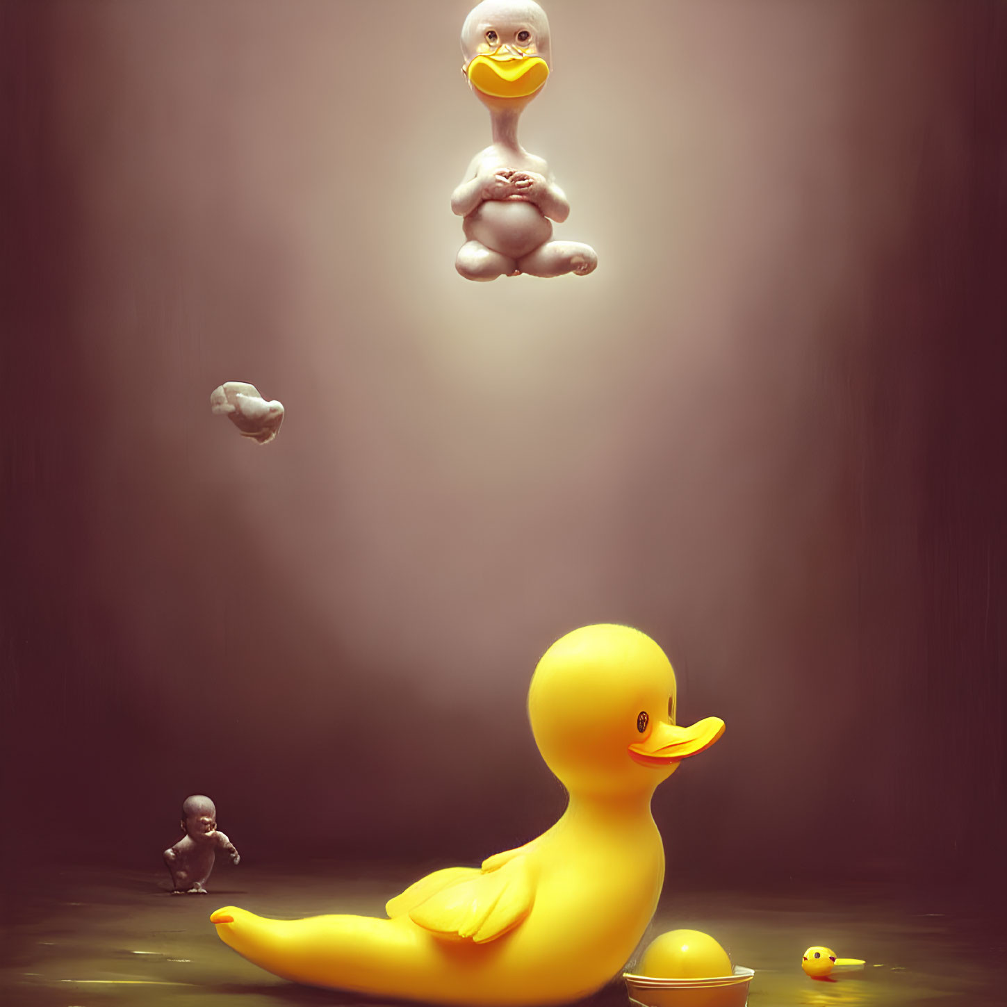 Large Yellow Rubber Duck Floating with Duckling and Miniature Figures