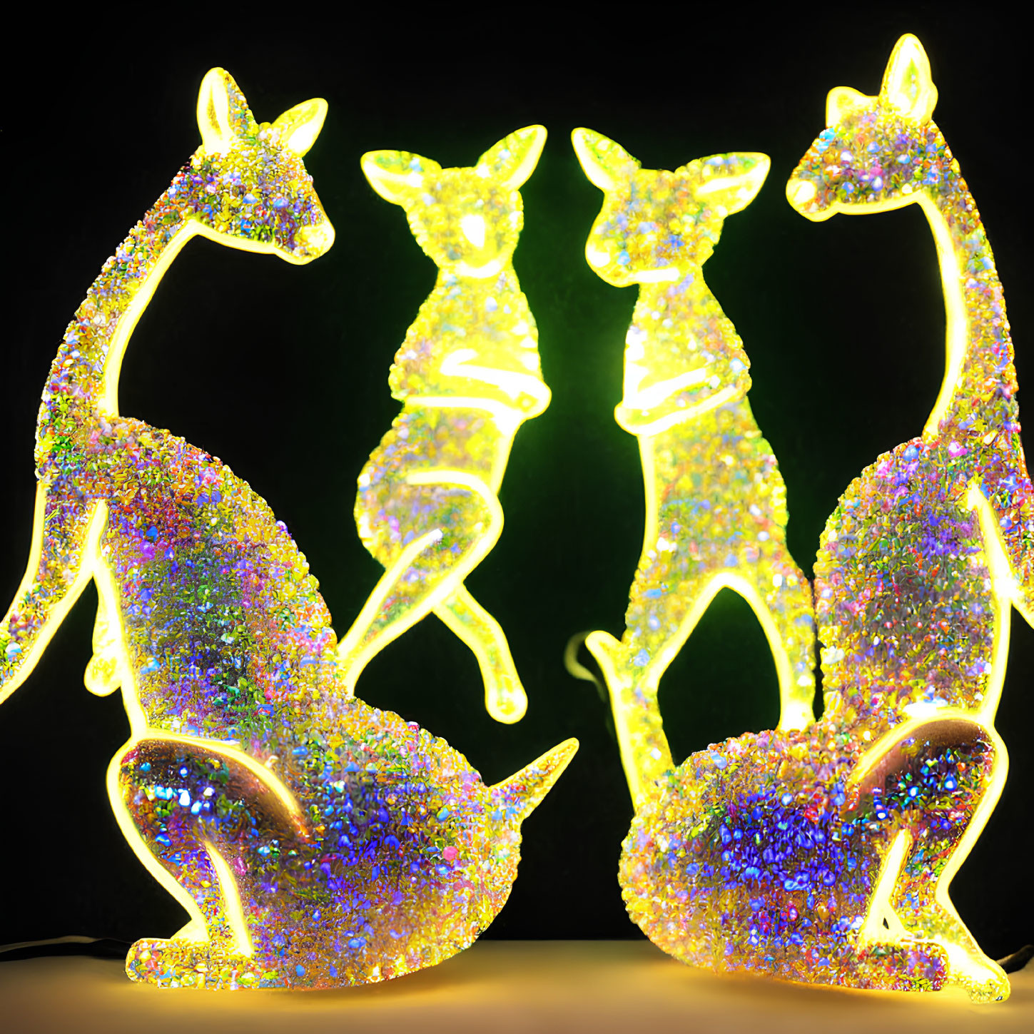 Four illuminated kangaroo figures with sparkling lights on dark background