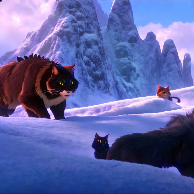Group of animated cats in snowy mountainous landscape