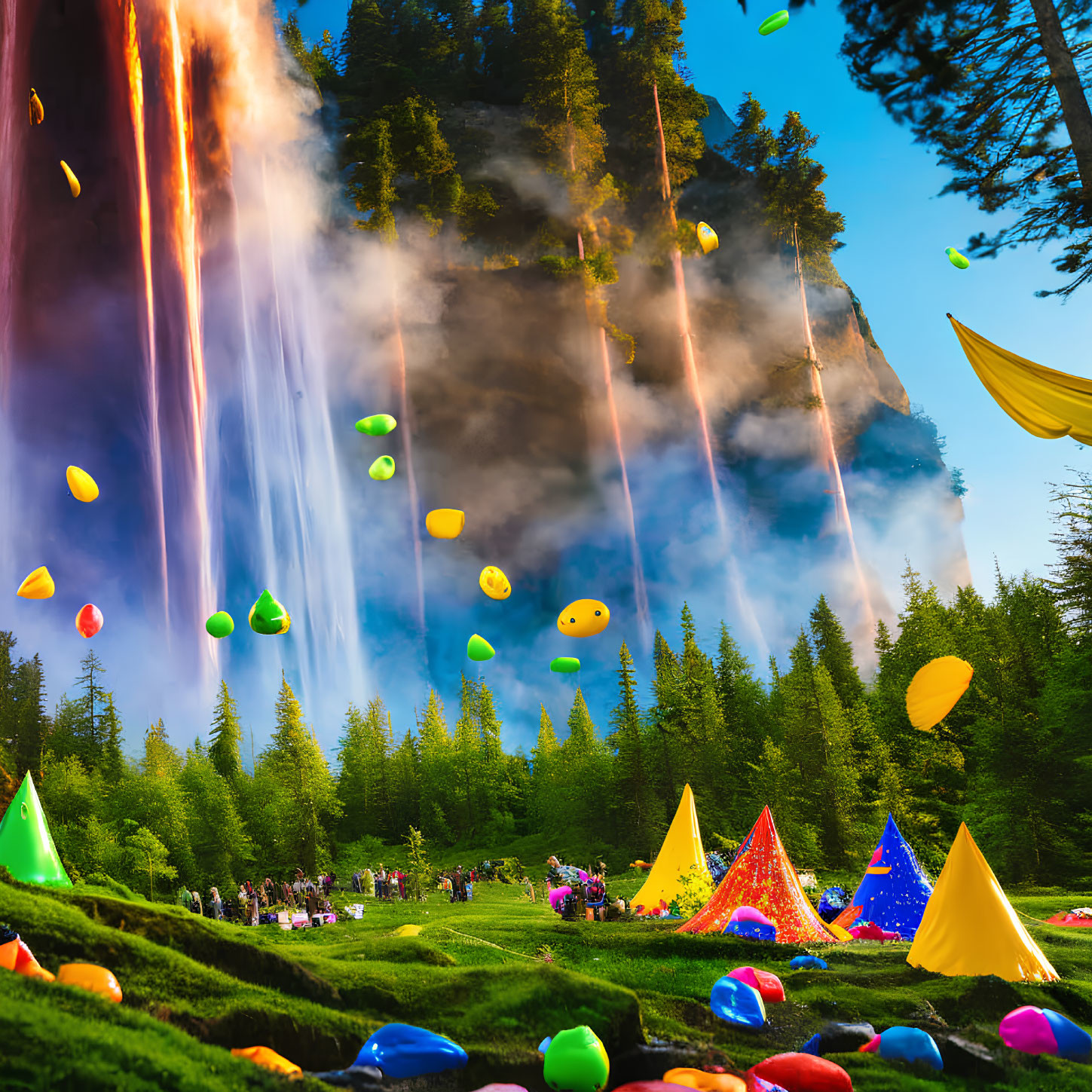 Colorful Bean-Shaped Objects Descending in Forest Gathering