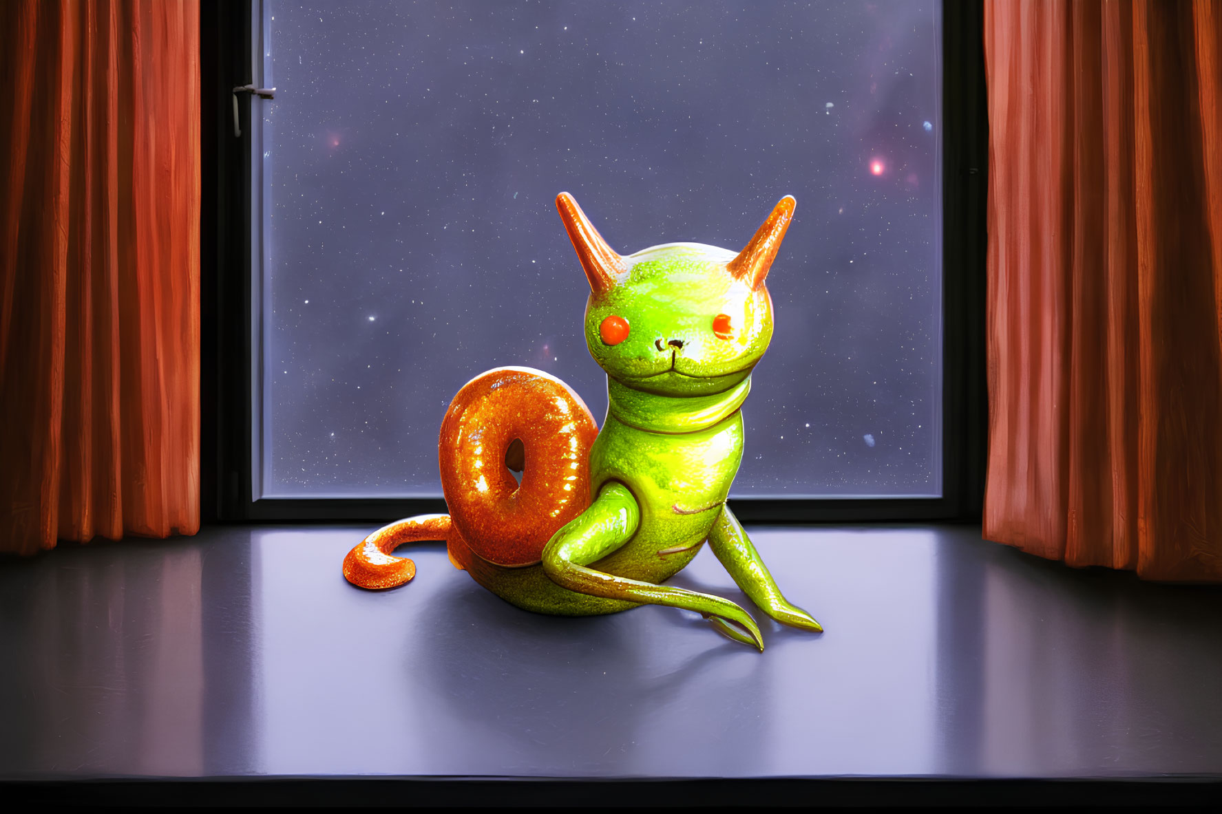 Whimsical creature with cat-like ears and snail shell admires starry night sky