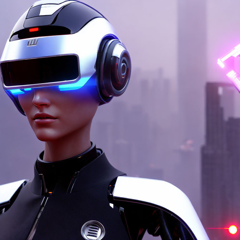 Futuristic robot in white helmet and black suit in neon cityscape