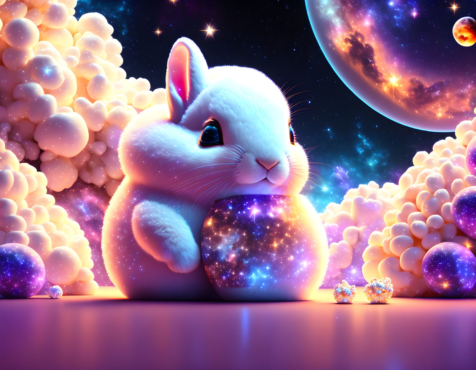 Fluffy white rabbit with galaxy crystal ball in dreamy celestial landscape