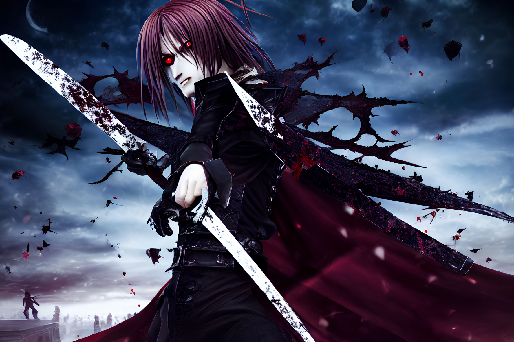 Anime character with red eyes and purple hair wielding a large sword in a dark, chaotic setting