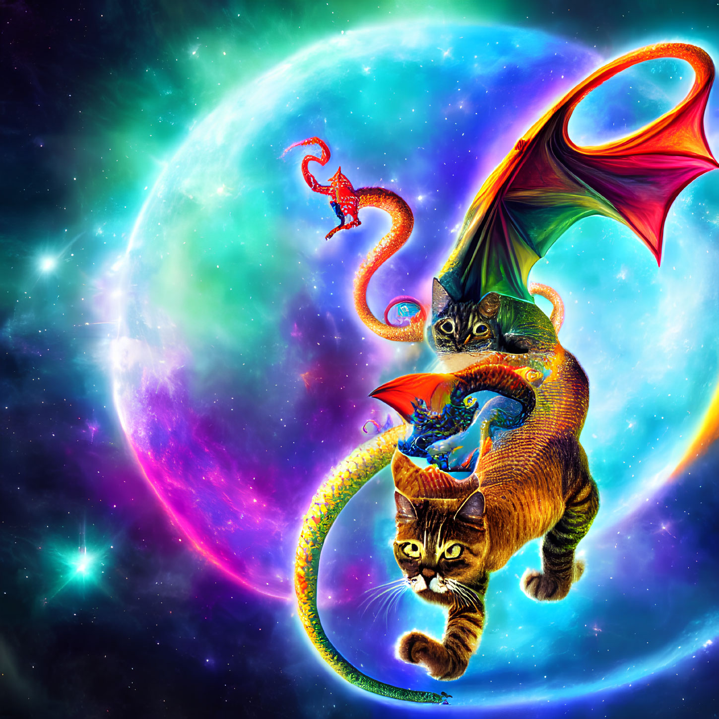 Whimsical flying cats with dragon wings in cosmic scene