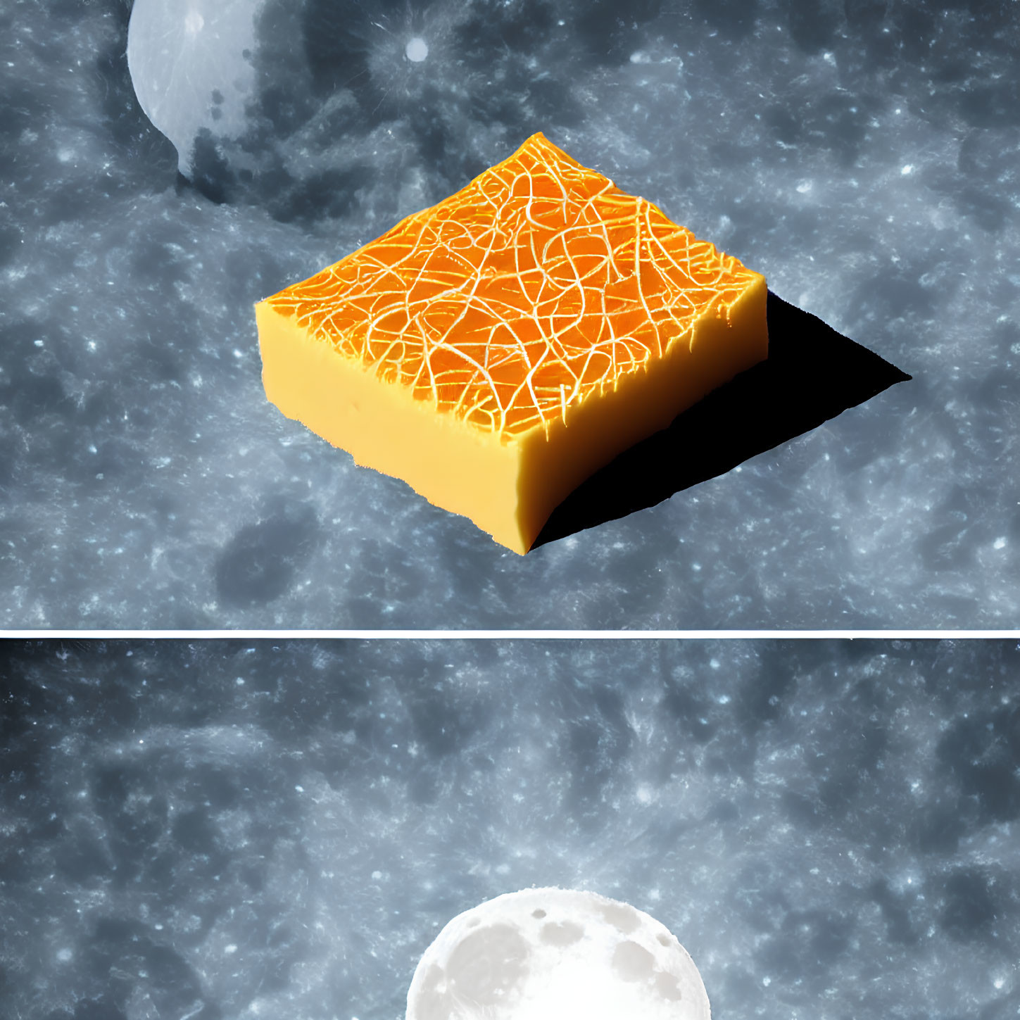 Surreal 3D slice of orange cheese on lunar landscape with Earth in background