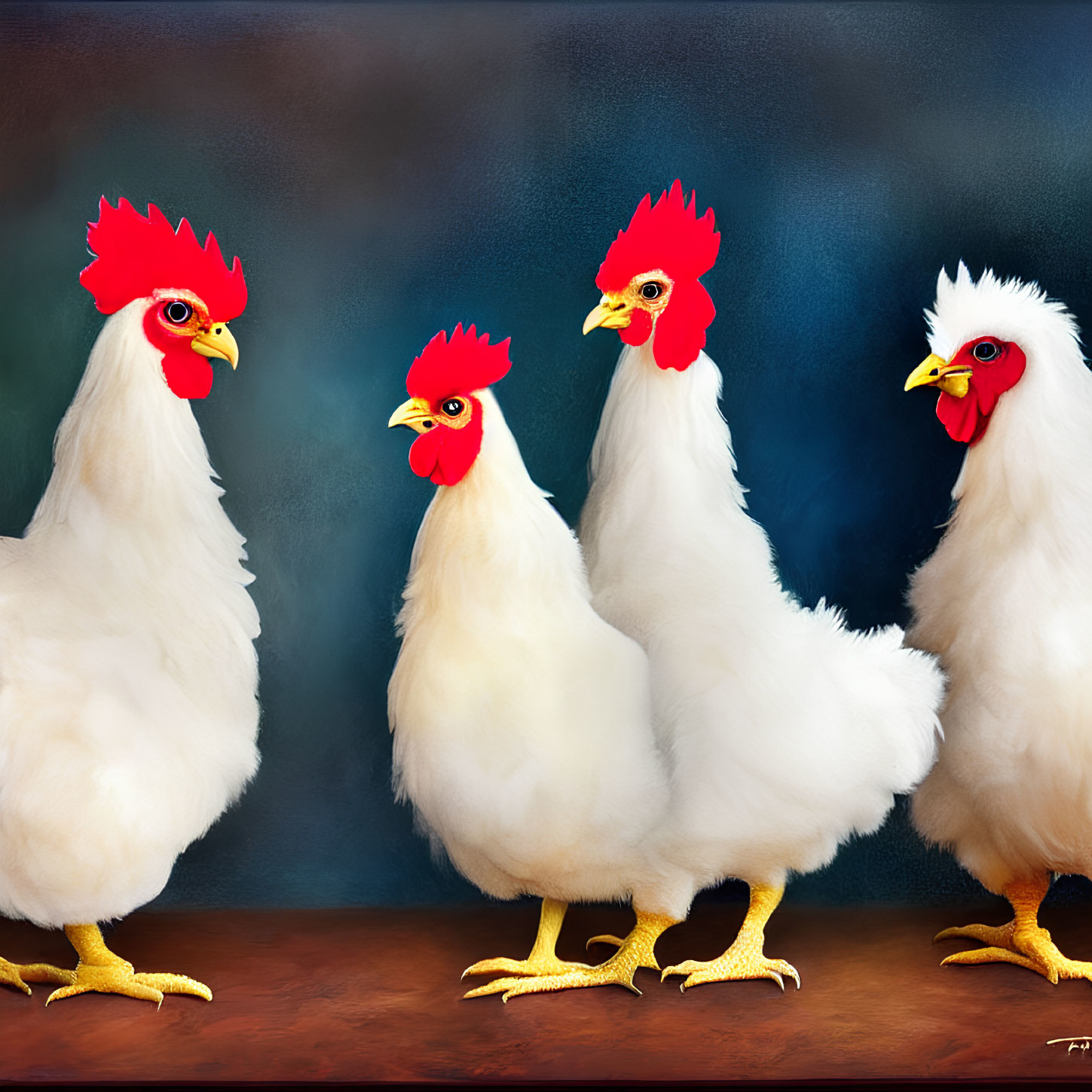 Four cartoon chickens with red combs and waddles on blue and brown gradient.