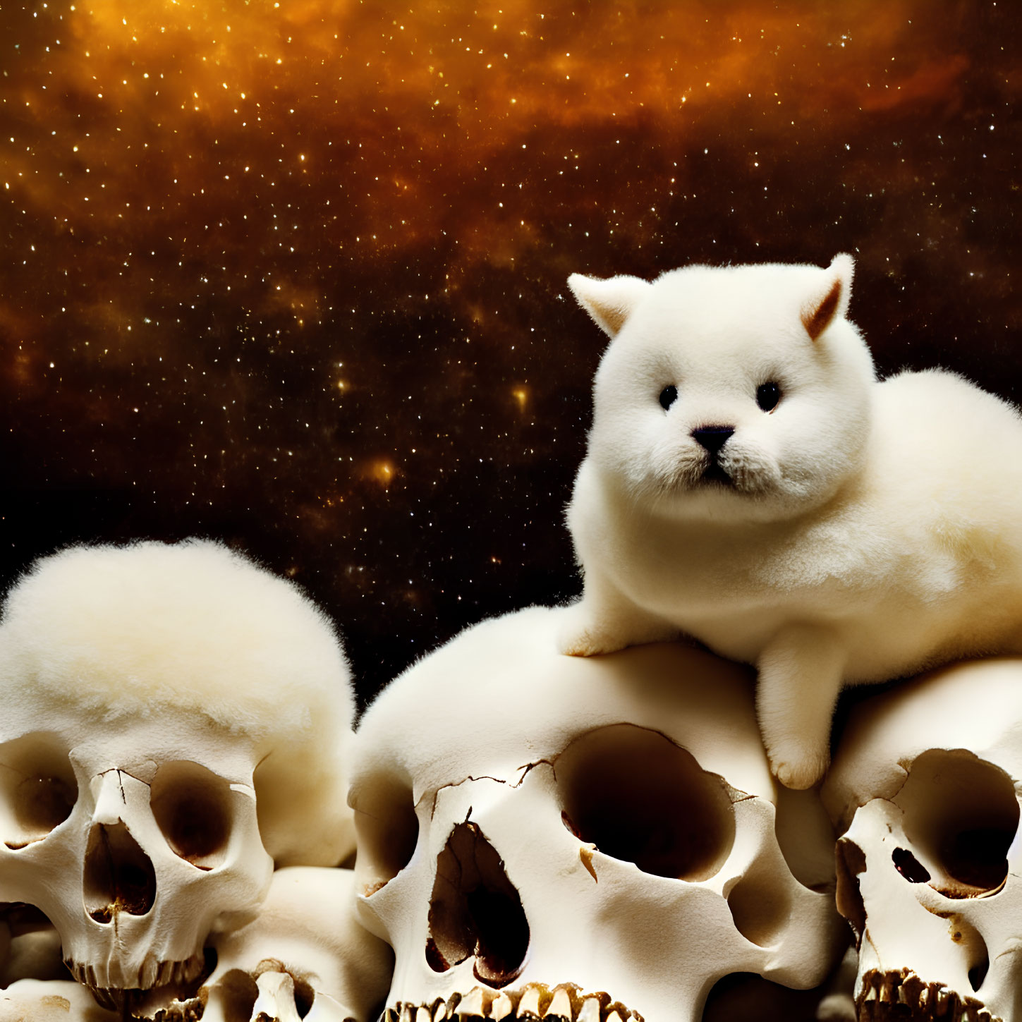 White Cat on Skull Pile with Cosmic Background