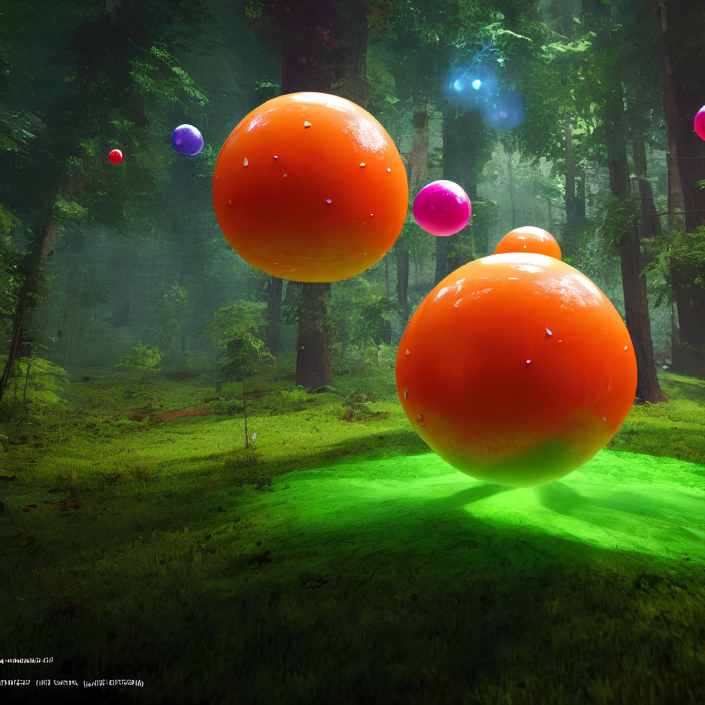 Mysterious oversized citrus fruits in sunlit forest