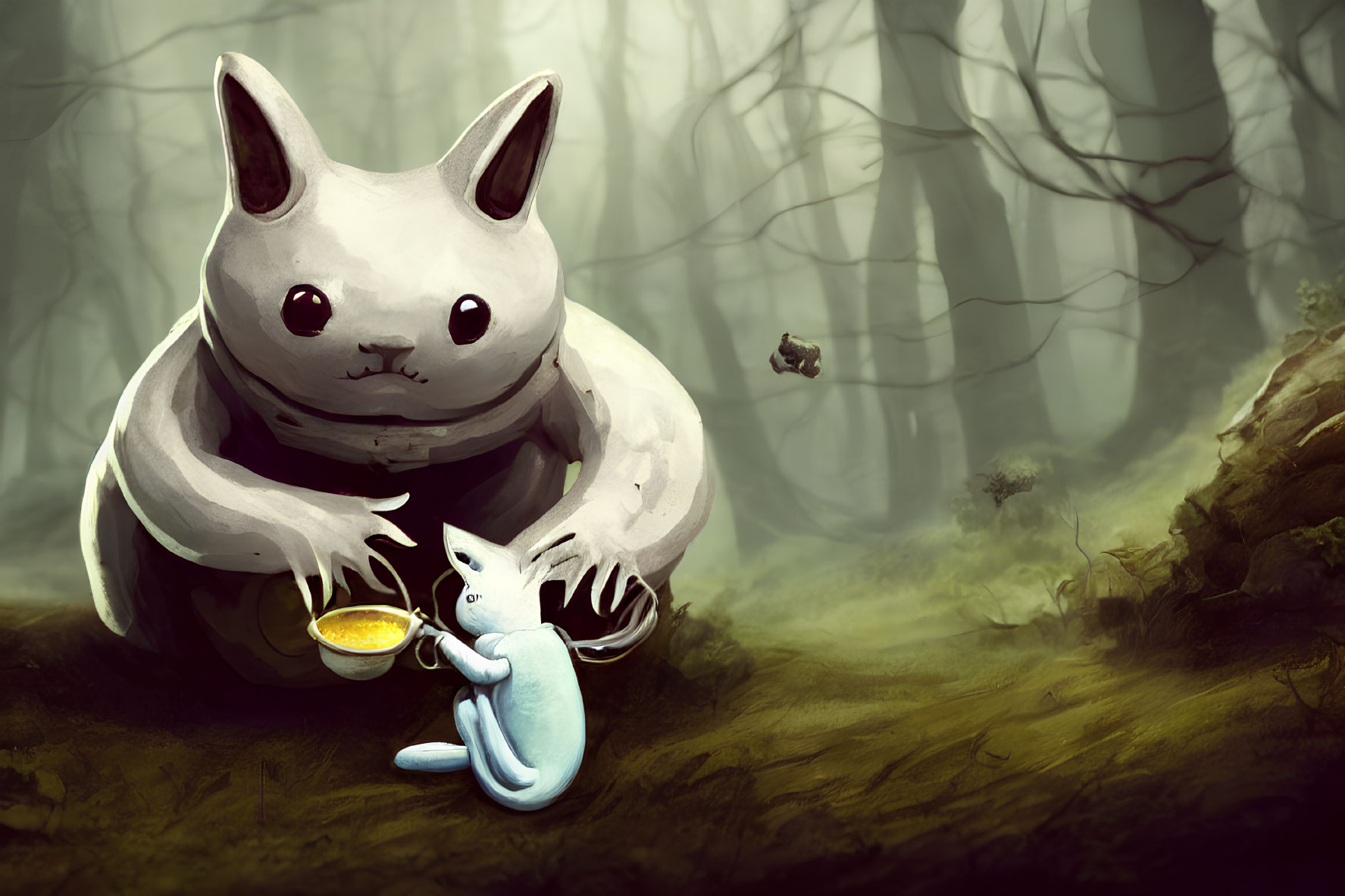 Fantastical white rabbit creature with bowl in misty forest