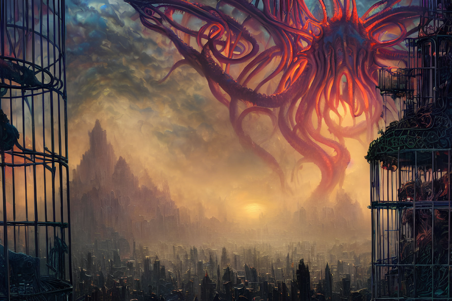 Surreal cityscape with giant octopus and dramatic sky