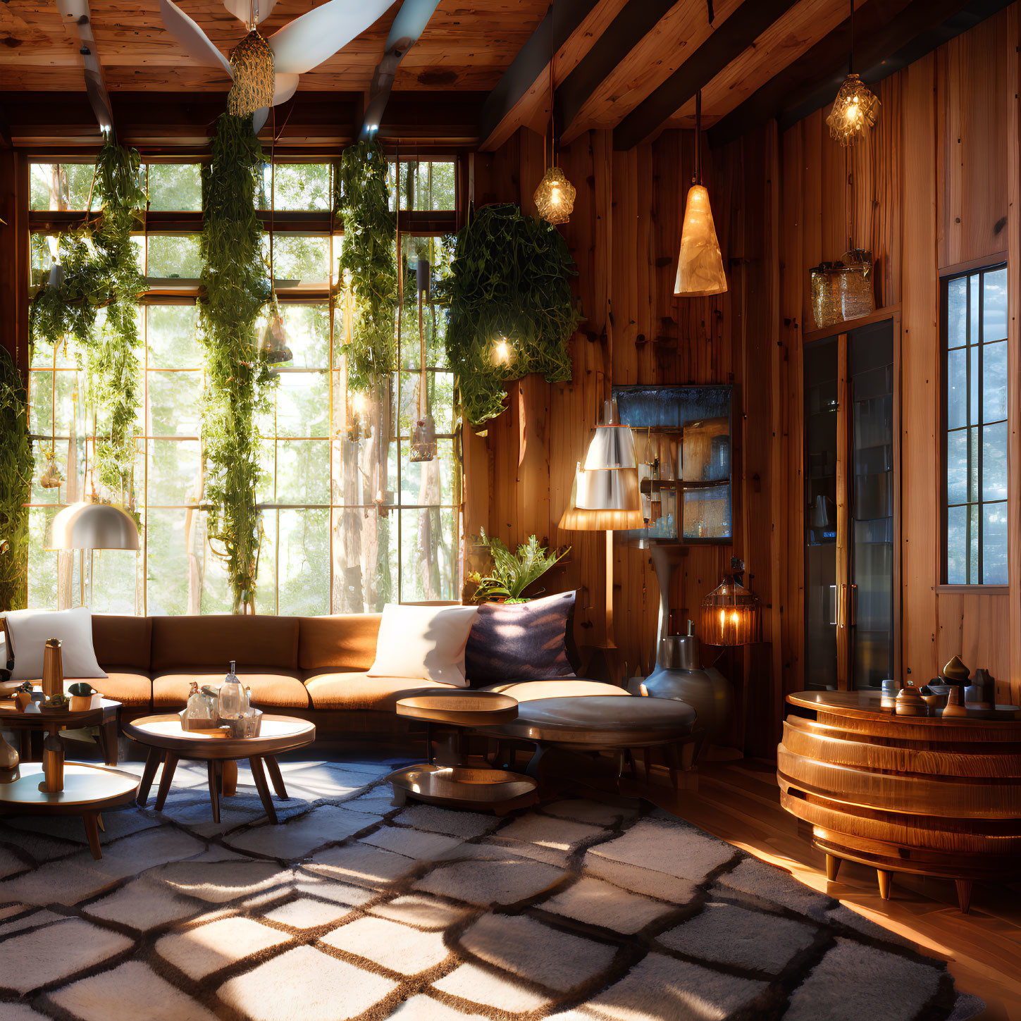 Warm Sunlit Wooden Cabin Living Room with Plush Sofas & Green Plants
