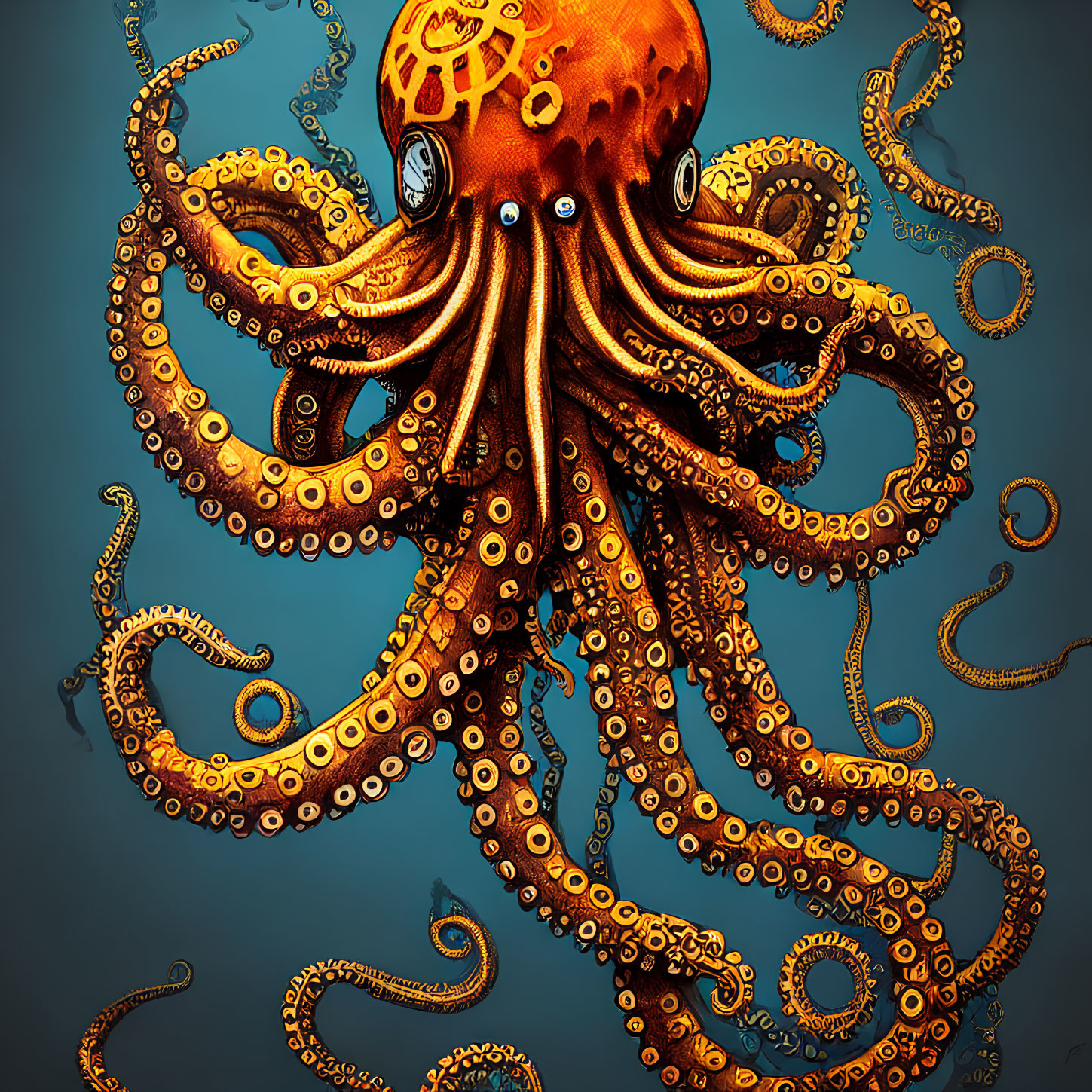 Detailed orange octopus illustration on blue background