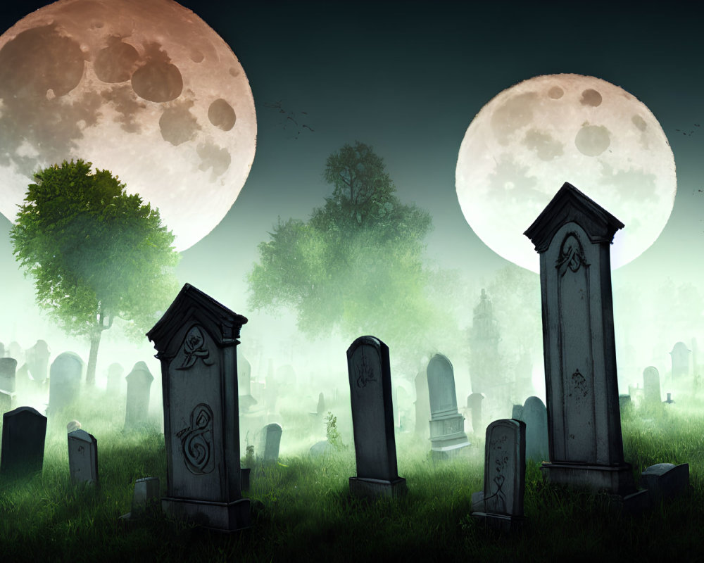 Eerie graveyard scene with two moons, mist, green lighting, Celtic crosses