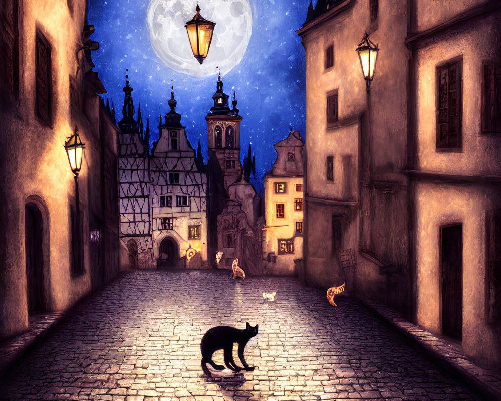 Cat walking on cobblestone street in old town under full moon