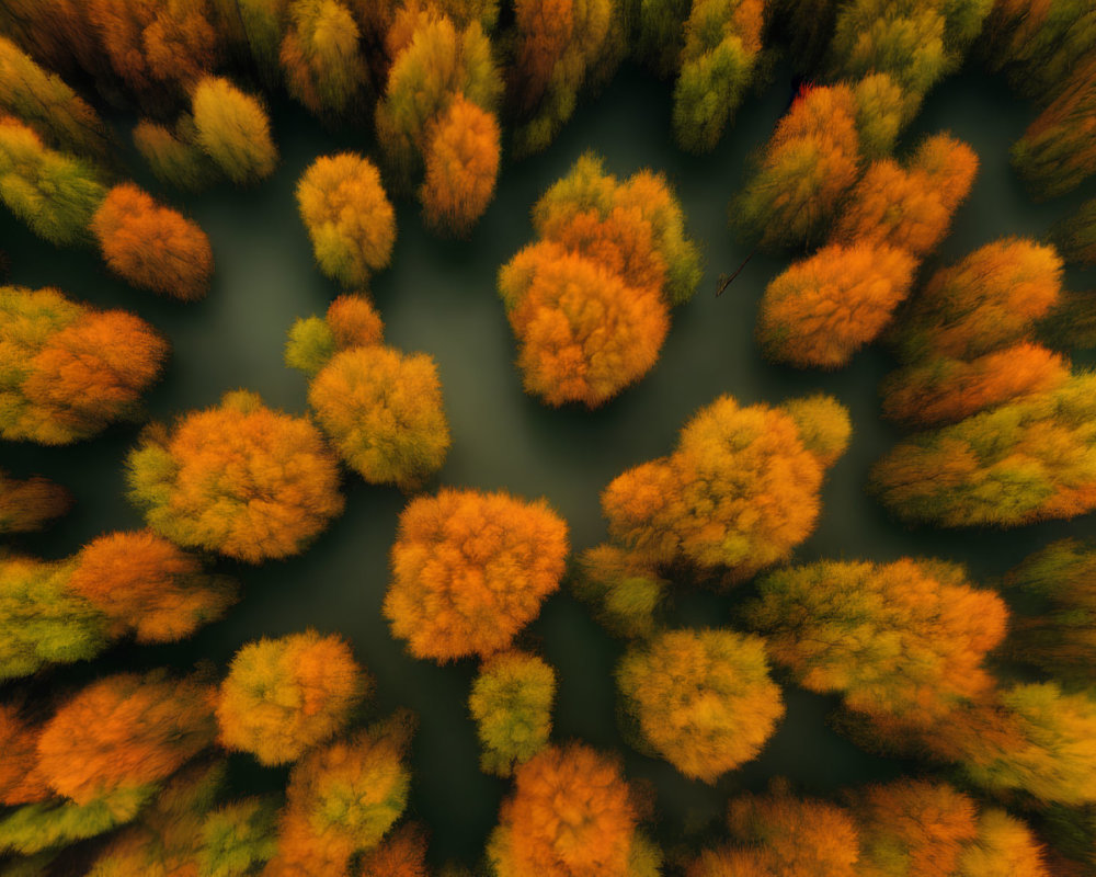 Vibrant autumn forest with winding river in aerial view