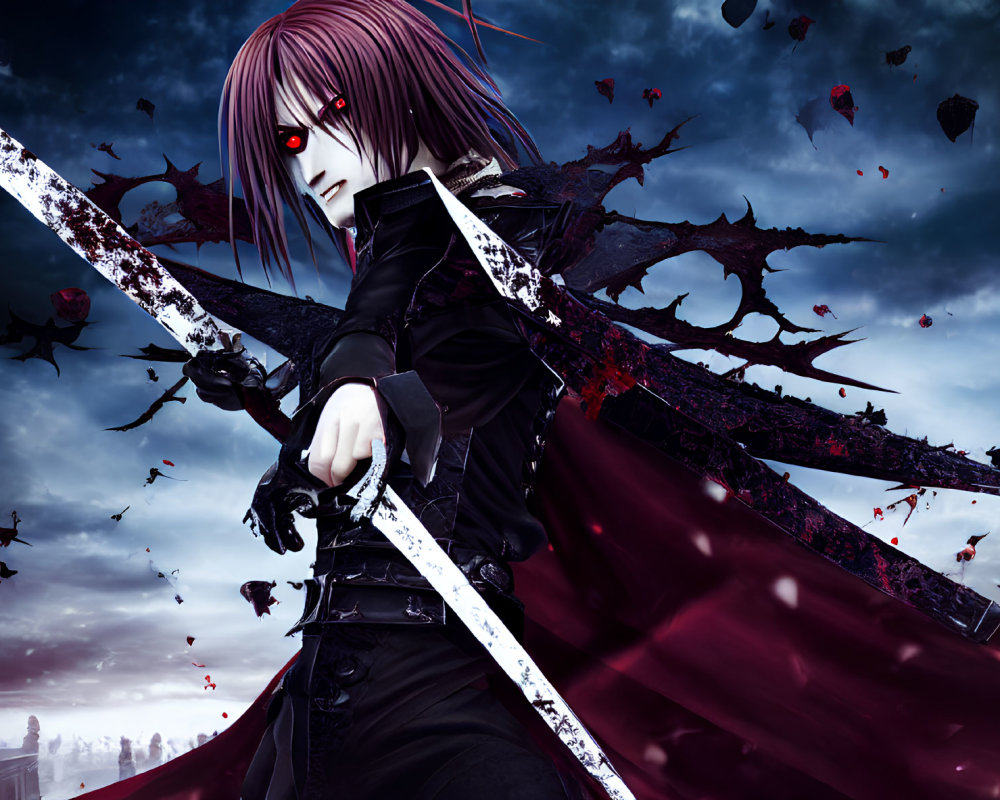 Anime character with red eyes and purple hair wielding a large sword in a dark, chaotic setting