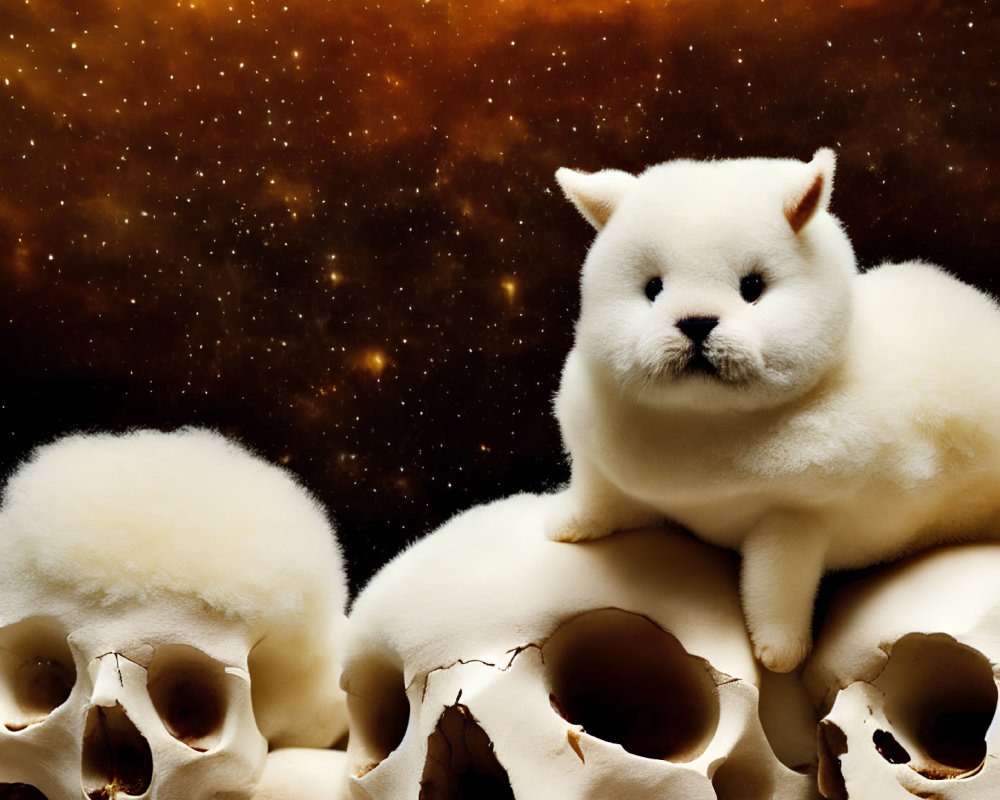 White Cat on Skull Pile with Cosmic Background