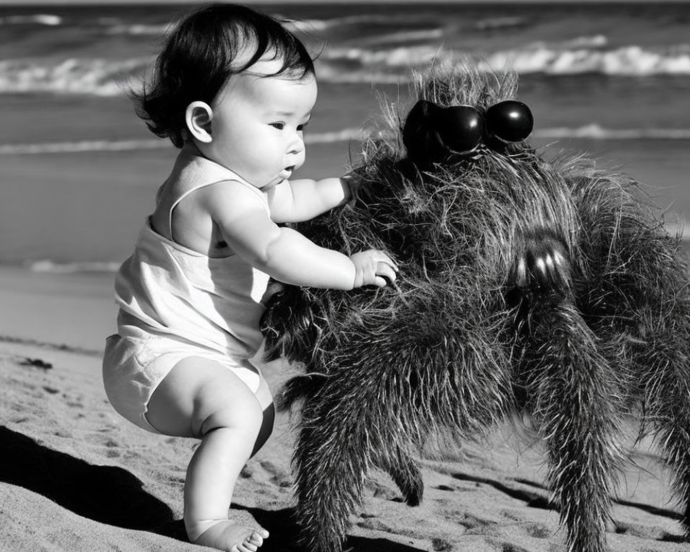 Infant in white onesie with toy spider on beach