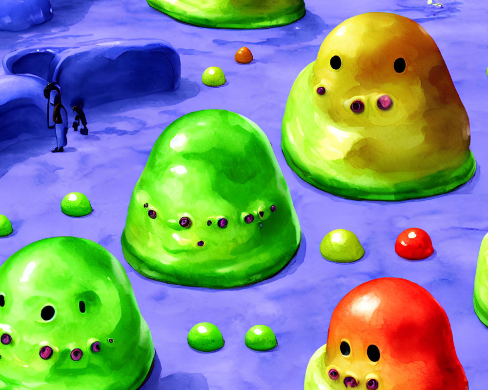 Vibrant Cartoonish Landscape with Jelly-Like Creatures in Blue Setting