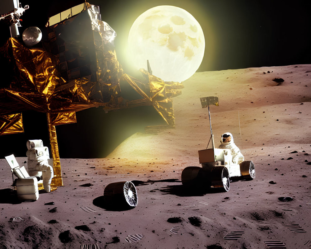 Astronauts, lunar rover, lunar module, Earth in the distance