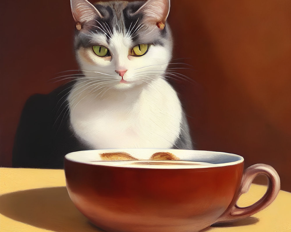 White and Grey Cat with Yellow Eyes by Red Coffee Cup and Marshmallows