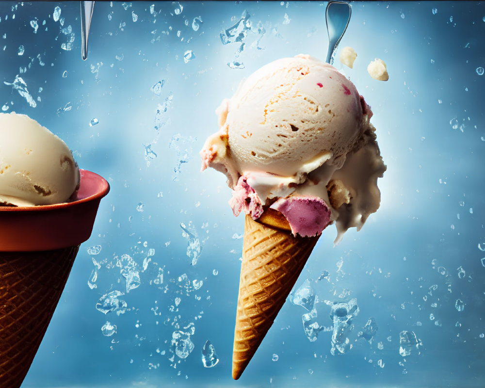 Melting ice cream cones on blue background with water droplets.