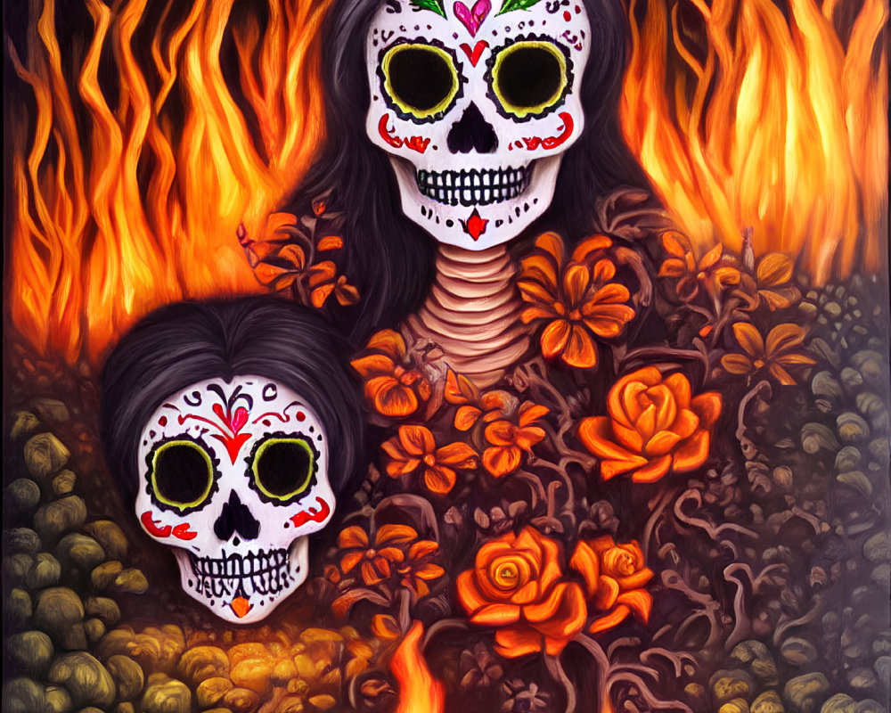 Colorful Day of the Dead skull art with flames and flowers: a vibrant and eerie image.