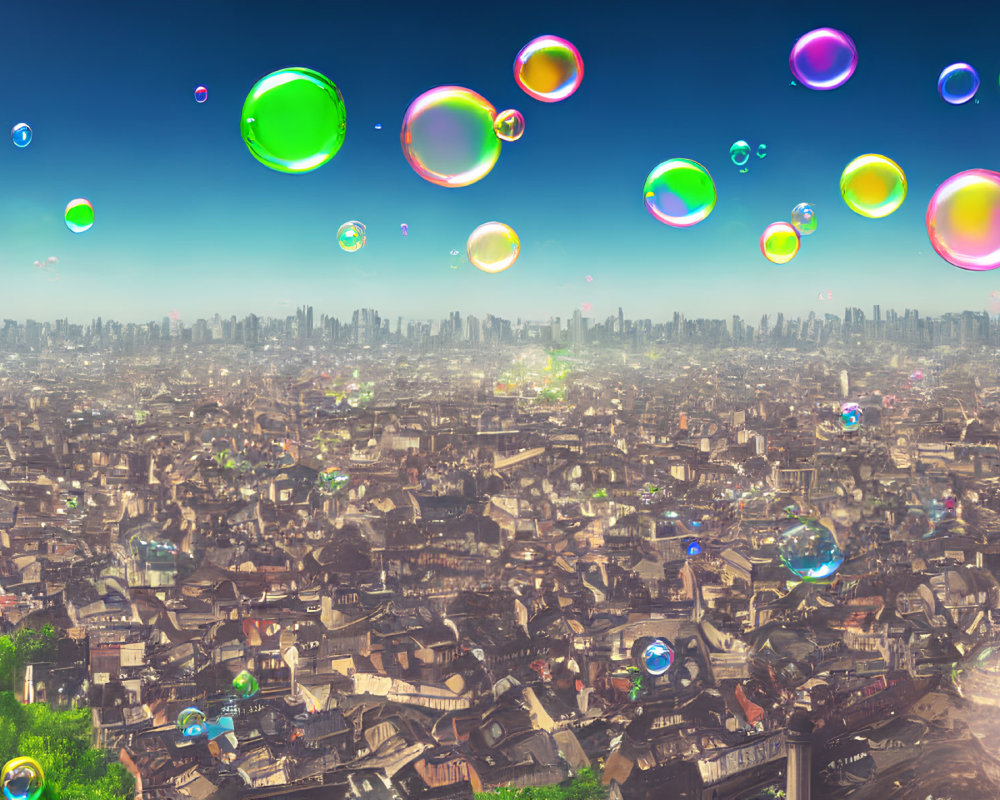 Multicolored soap bubbles in vibrant cityscape under clear blue sky