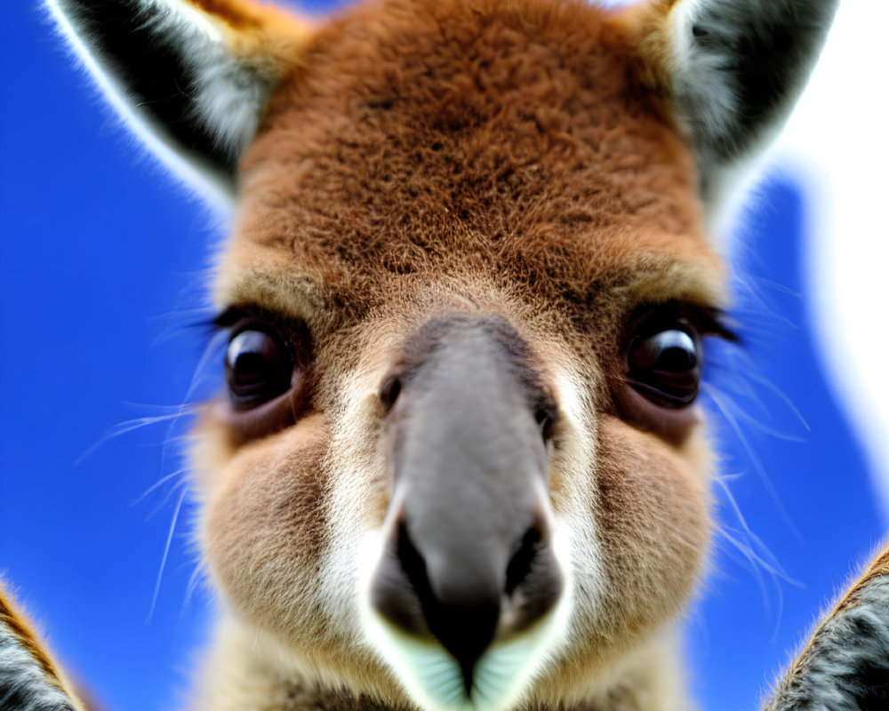 Detailed Kangaroo Face with Expressive Eyes and Pointy Ears on Blue Sky Background