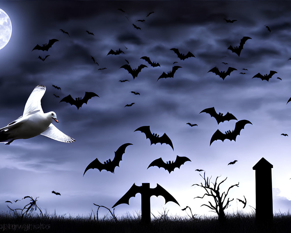 Seagull flying with bats under full moon in eerie night scene