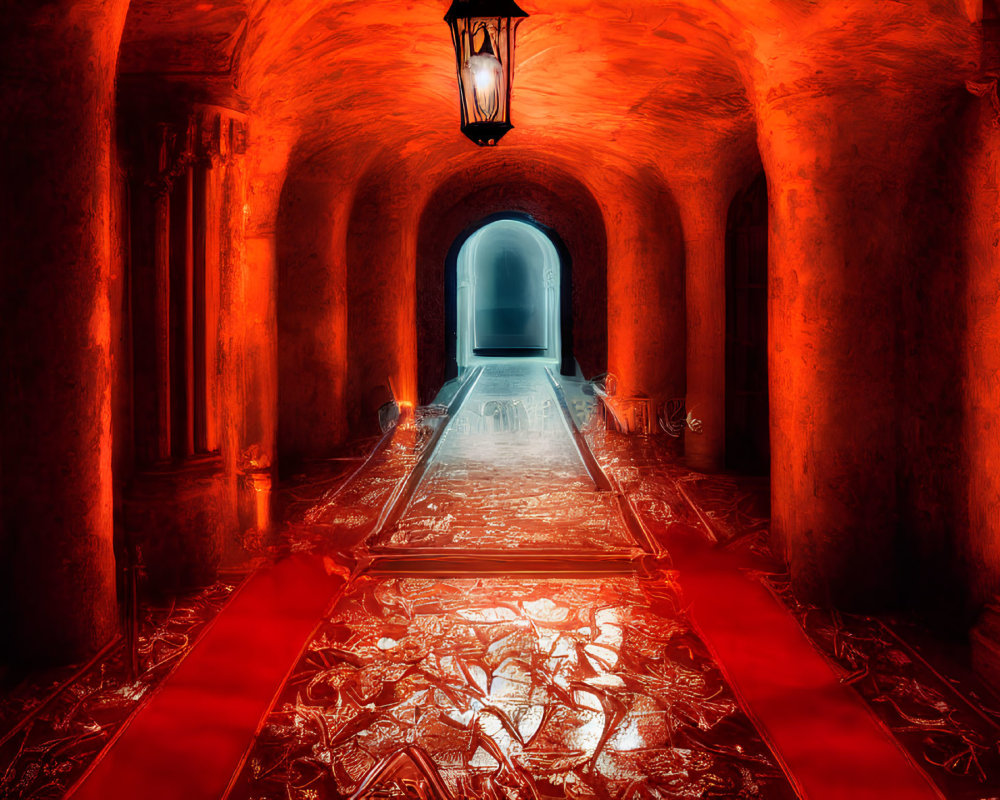 Gothic corridor with red lighting, arched ceilings, ornate columns, red carpet, and