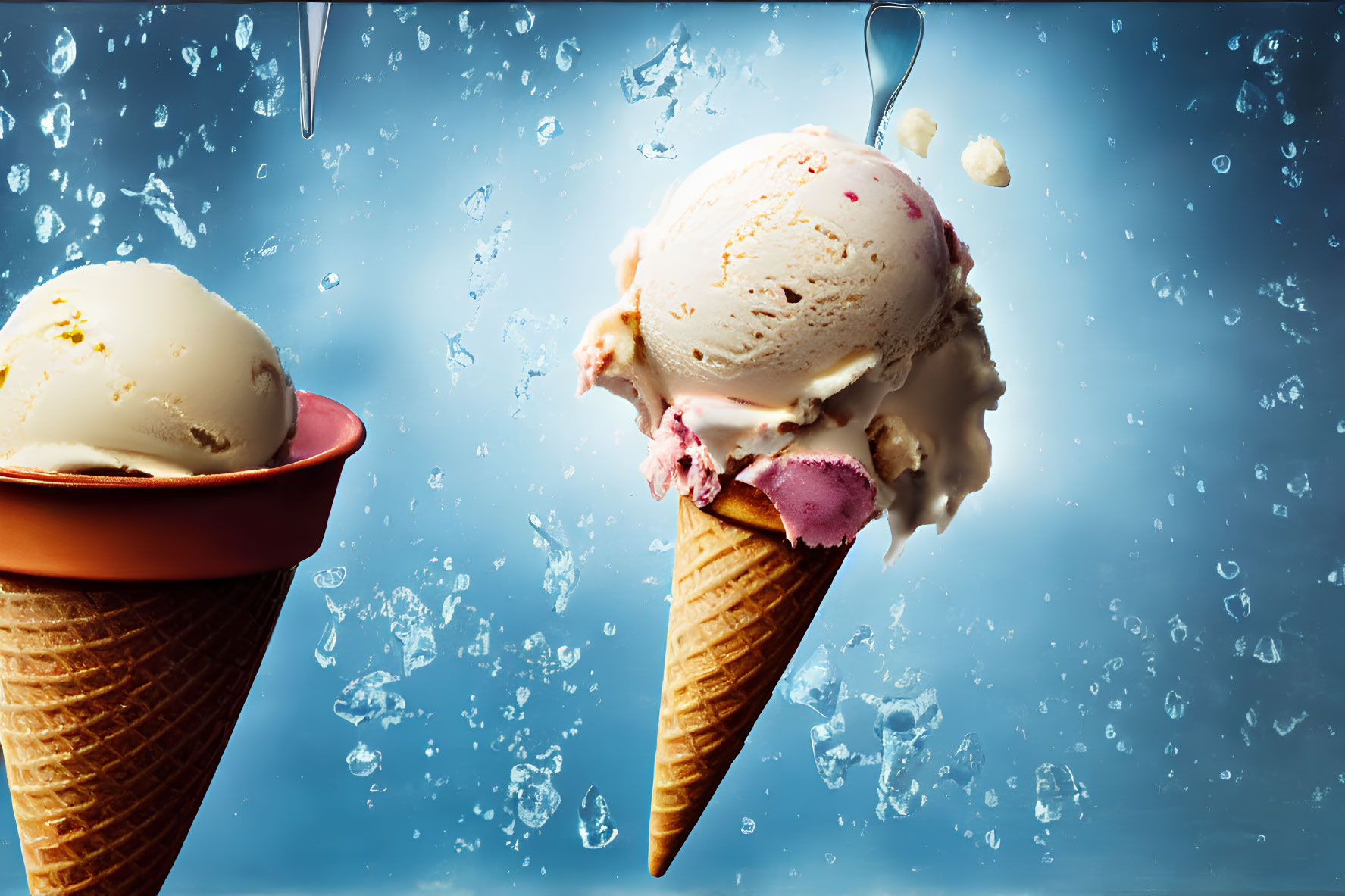 Melting ice cream cones on blue background with water droplets.