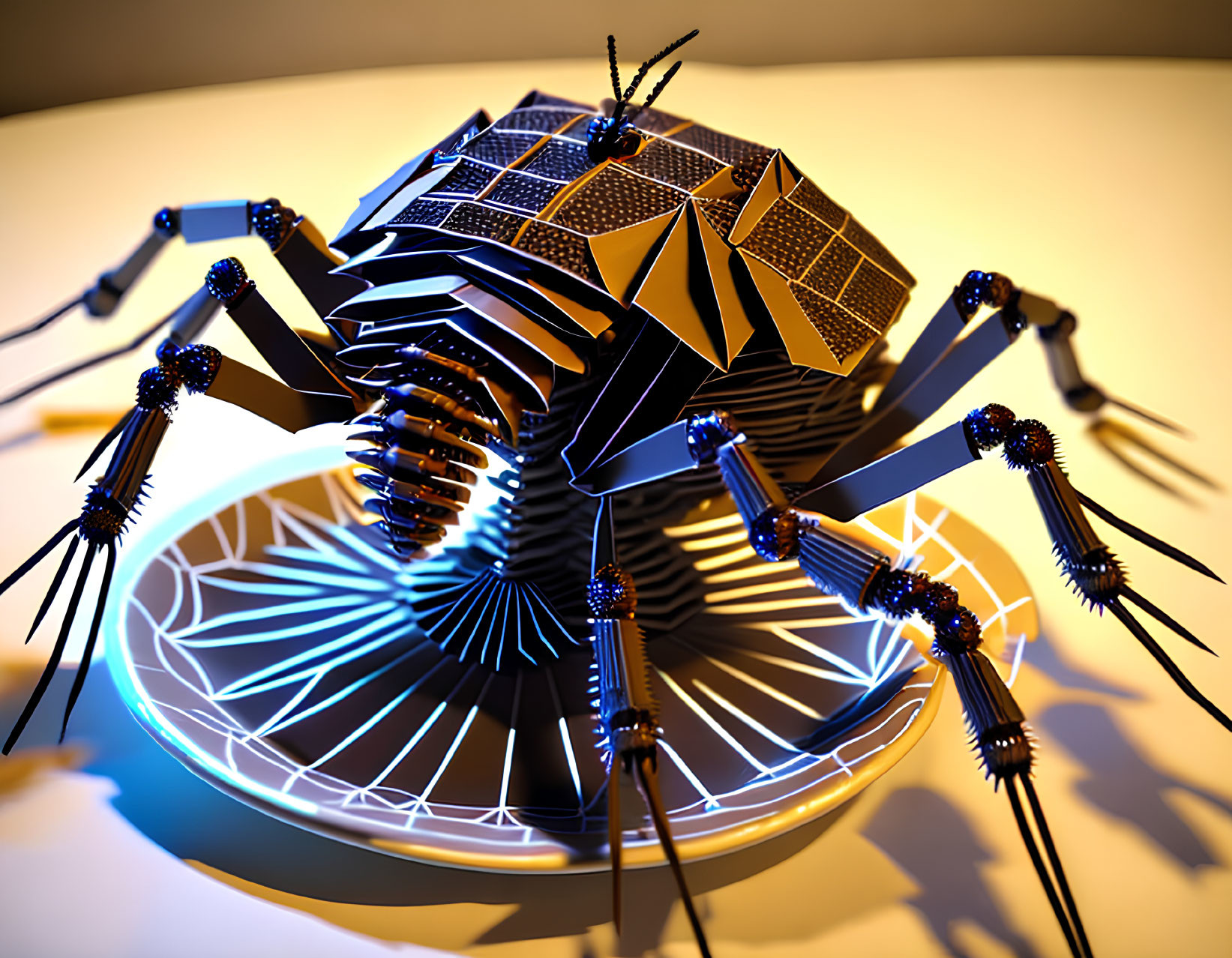 Futuristic spider-like robot with solar panels on circular platform