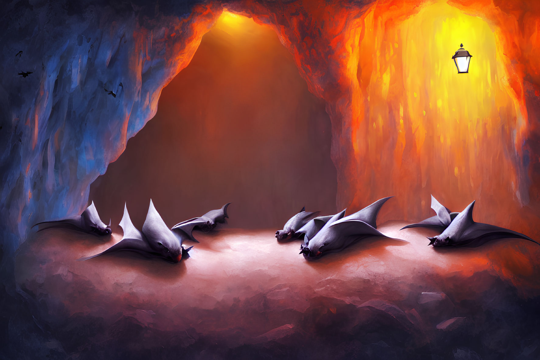 Mystical cavern with orange and blue glow, bats resting under lantern