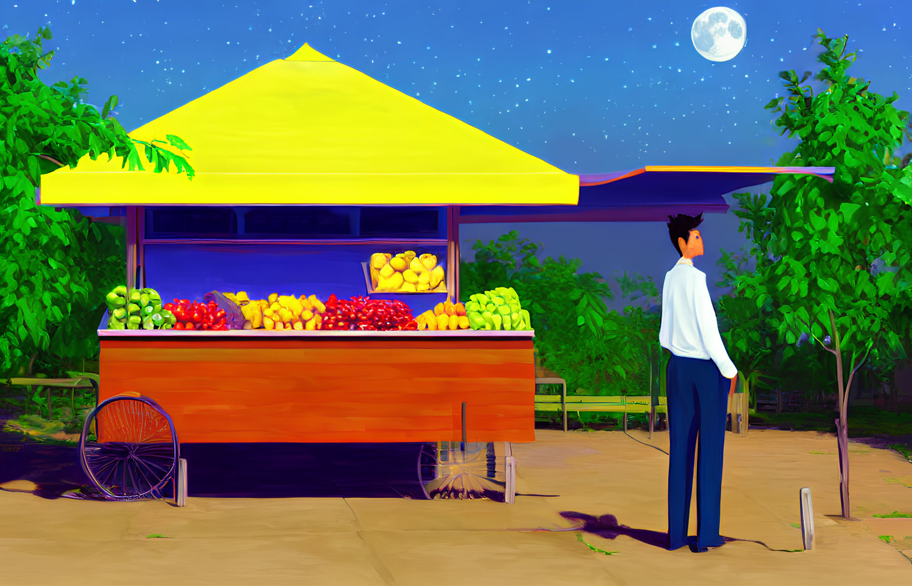 Man in white shirt at colorful fruit stand under starry sky with full moon