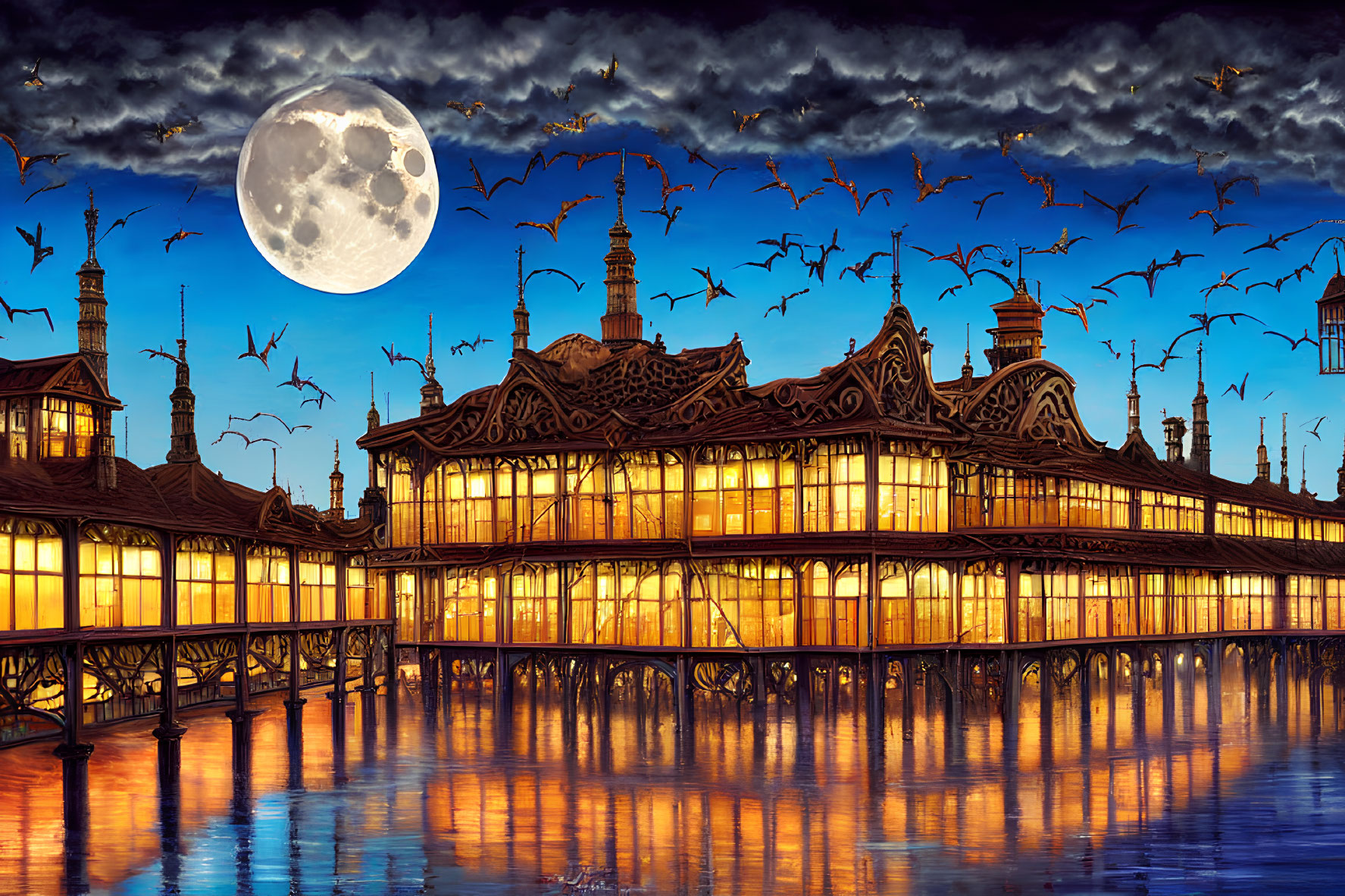 Victorian-style building with ornate details, illuminated at night under a full moon, reflected on tranquil