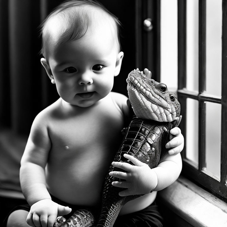 Monochrome photo of baby with toy crocodile by window