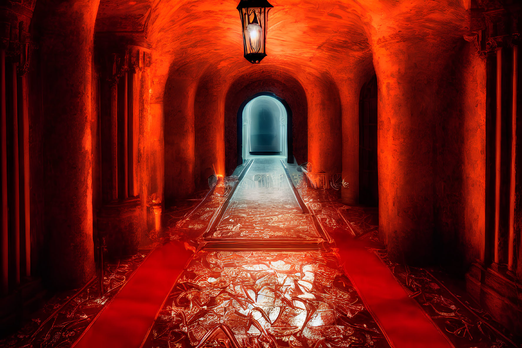 Gothic corridor with red lighting, arched ceilings, ornate columns, red carpet, and