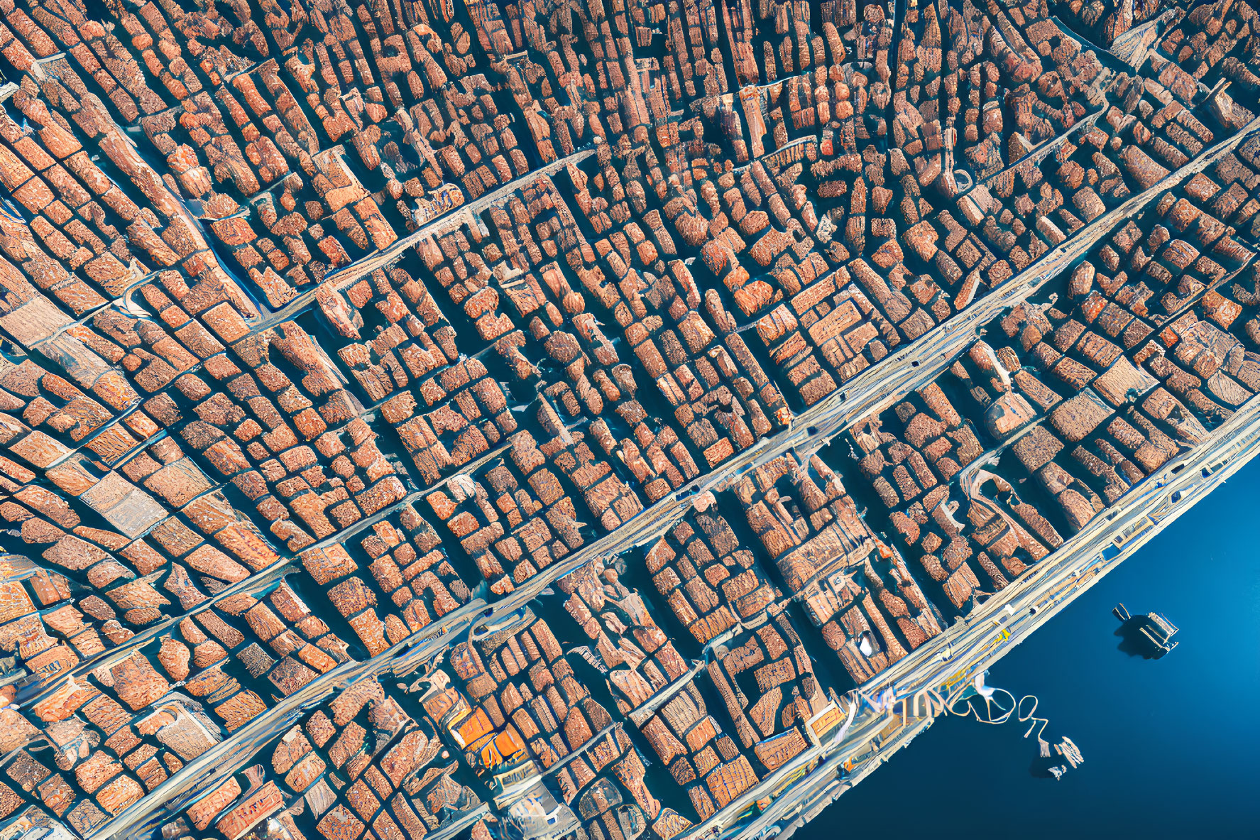 Dense Grid-Patterned Cityscape with Orange Rooftops by Waterway