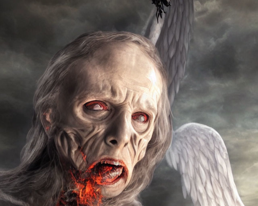 Surreal image of zombie-like figure with red eyes and angelic figure in gray clouds