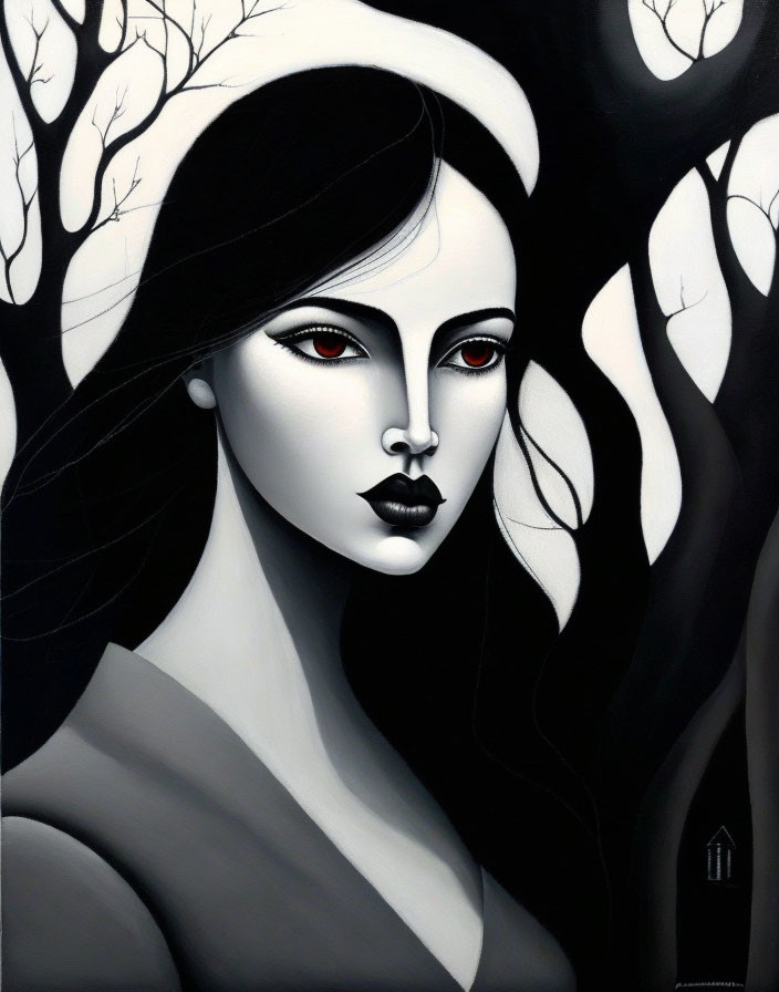 Monochrome artwork of stylized woman with pale skin, black hair, red eyes, against swirling tree