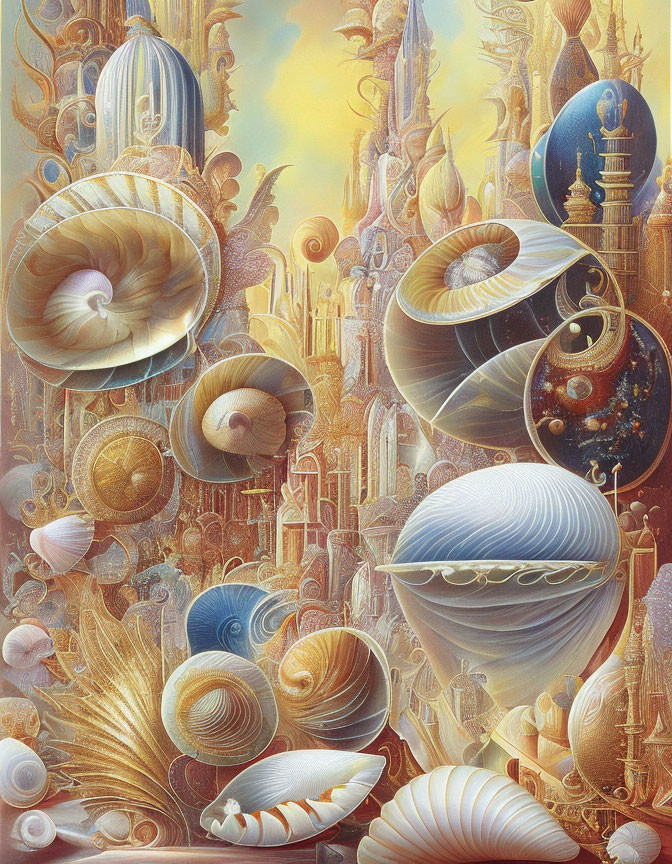 Ornate shells, celestial bodies, and spire-like structures in a fantastical scene