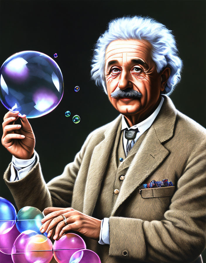 Man resembling Albert Einstein holding transparent bubble in playful pose amidst colorful bubbles on dark background.