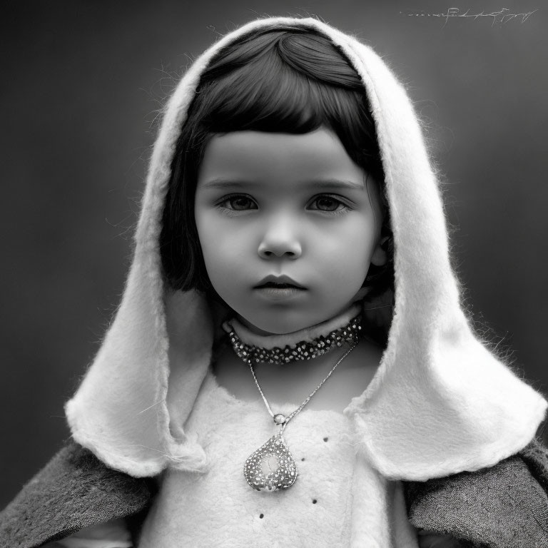Monochrome portrait of young child in hooded cloak with bejeweled necklace